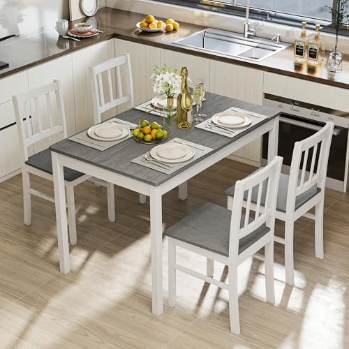 Buytime 5-Piece Dining Table Set for 4, Solid Wood Farmhouse Rectangular Kitchen Table Set with 4 Chairs, Space-Saving Wooden Dinette Set for Small Space, Dining Room, Breakfast Nook, Grey & White