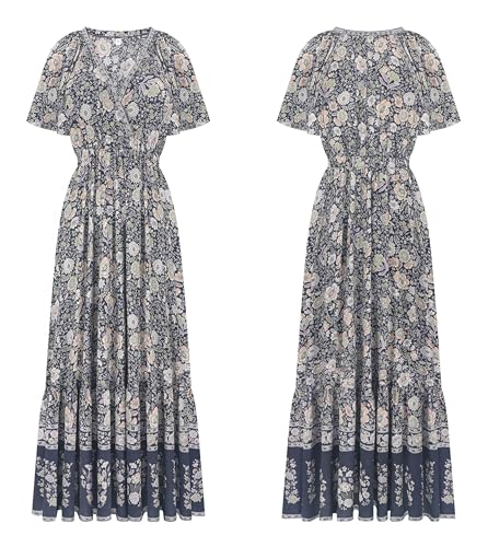 Image of R.Vivimos Women's Summer V Neck Maxi Dress Boho Floral Print Short Sleeve Elastic Waist Ruffle Patchwork A-Line Beach Dress