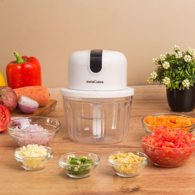 InstaCuppa Rechargeable Mini Electric Chopper, 350 ml, USB-C Stainless Steel Blades, 1800 mAh Battery and One Touch Operation, For Mincing Meat, Garlic, Ginger, Onion, Vegetable, Nuts