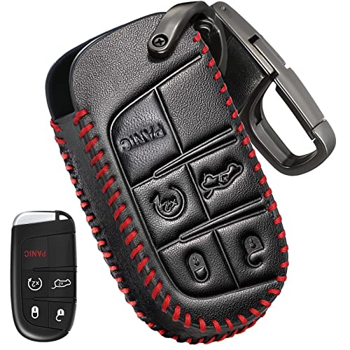Slohif Key Fob Cover Keychain Accessories for Jeep for Grand Cherokee Renegade Chrysler 200 300 Dodge RAM Durango Charger Challenger Journey Dart Fiat 5 Buttons, leather Case+D-Ring+Hook(Black)