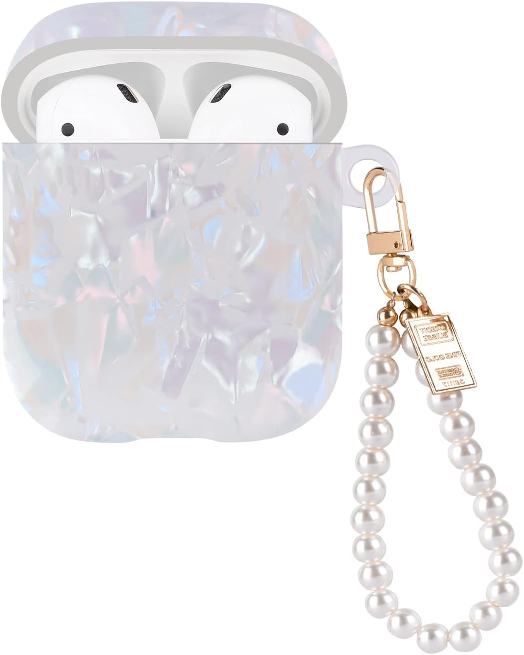 Glitter Shell Design Case for AirPods 1/2 with Pearl Wrist Chain Keychain,Colorful Sparkle Bling Pretty Cute Protective Skin Cover for Airpods 2nd Generation TPU Shock Proof for Women Girls -White