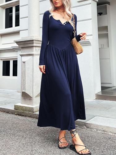 Image of Mieazom Long Sleeves Maxi Dress for Women A Line 2025 V Neck Casual Button Boho Tshirt Long Dress with Pockets