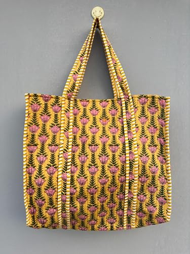 Image of Quilted Cotton Handprinted Reversible Large multicolor Floral Tote Bag,Hand Block Print Shopping Shoulder Carry Bag