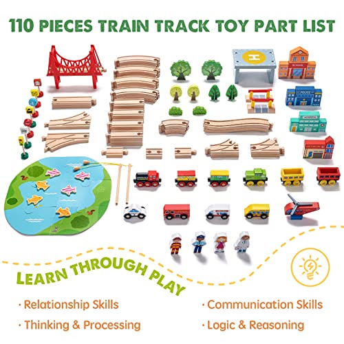 tiny land 110pcs wooden train set  toy train with tracks for kids ages 3-7 compatible with major brands ideal railway playset for boys and girls great birthday