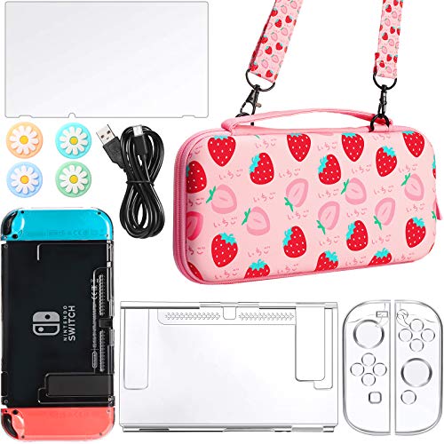 1 Piece Strawberry Protective Carry Case with 1 Piece Protective Case and Screen Protector 4 Pieces Thumb Grip Caps 1 Piece Data Cable Compatible with Nintendo Switch Accessories