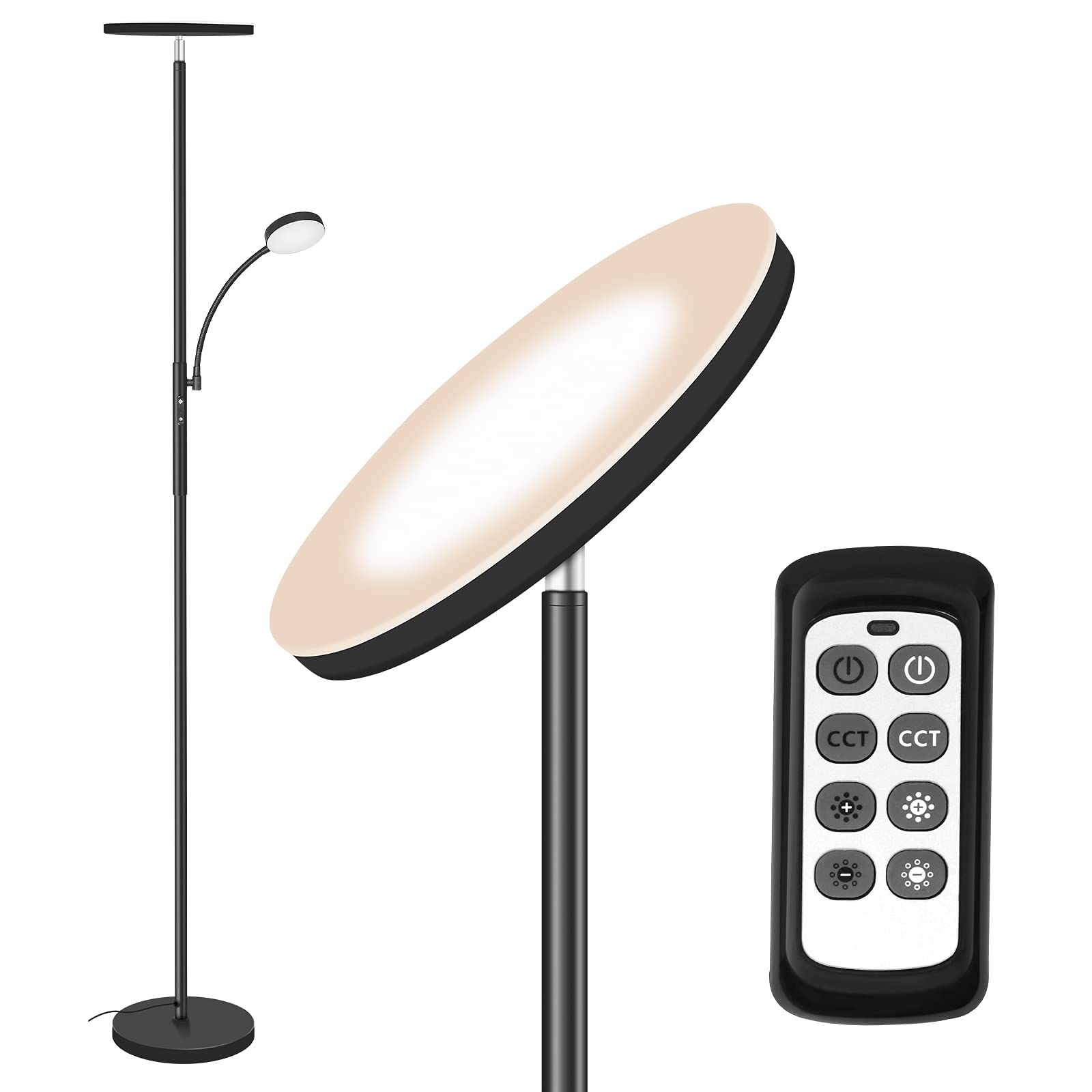 Floor Lamp,Totofac Sky LED Modern Torchiere 3 Color Temperatures Super Bright Floor Lamps,27W Main Light and 7W Side Reading Lamp for Living Room, Bedroom, Work with Remote Control & Touch Control