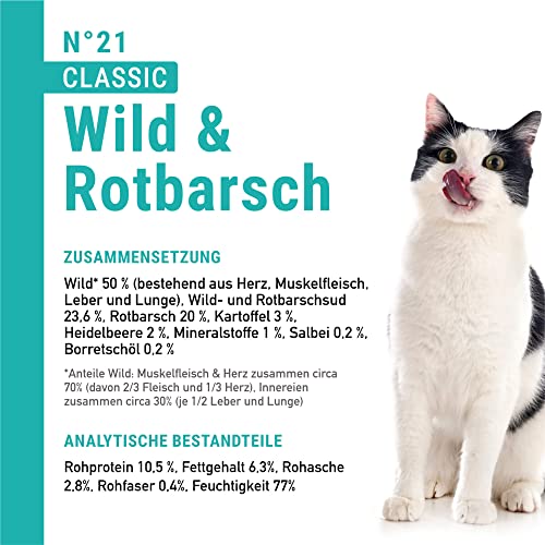 catz finefood N° 21 Wild & Rotbarsch Feinkost Katzenfutter nass, verfeinert mit Kartoffel & Heidelbeere, 6 x 800g Dosen