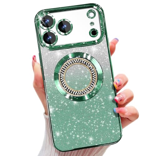 Image of Misscase for iPhone 17 Pro Magnetic Glitter Case Compatible with MagSafe,Full Protection Slim Shockproof Anti-Scratch Case with Camera Lens Protector Plating Bling Dust-Proof Net Green