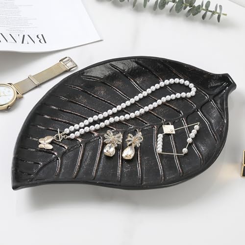 MyGift Leaf Shaped Jewelry Ring Dish, Handcrafted Antique Bronze Metal Decorative Catchall Trinket Tray - Handmade in India