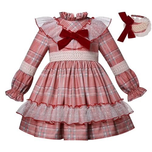 Ropa de niña adorable con vestido manga larga y cuadros vintage tallas 2 a 12