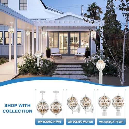 Globe Outdoor Pendant Lights, White Aluminum Waterproof Hanging Light Fixture for Porch Entryway Hallway, Vintage Round Exterior Chandelier, Outside Pendant Lamp with Amber Glass, 2 Pack