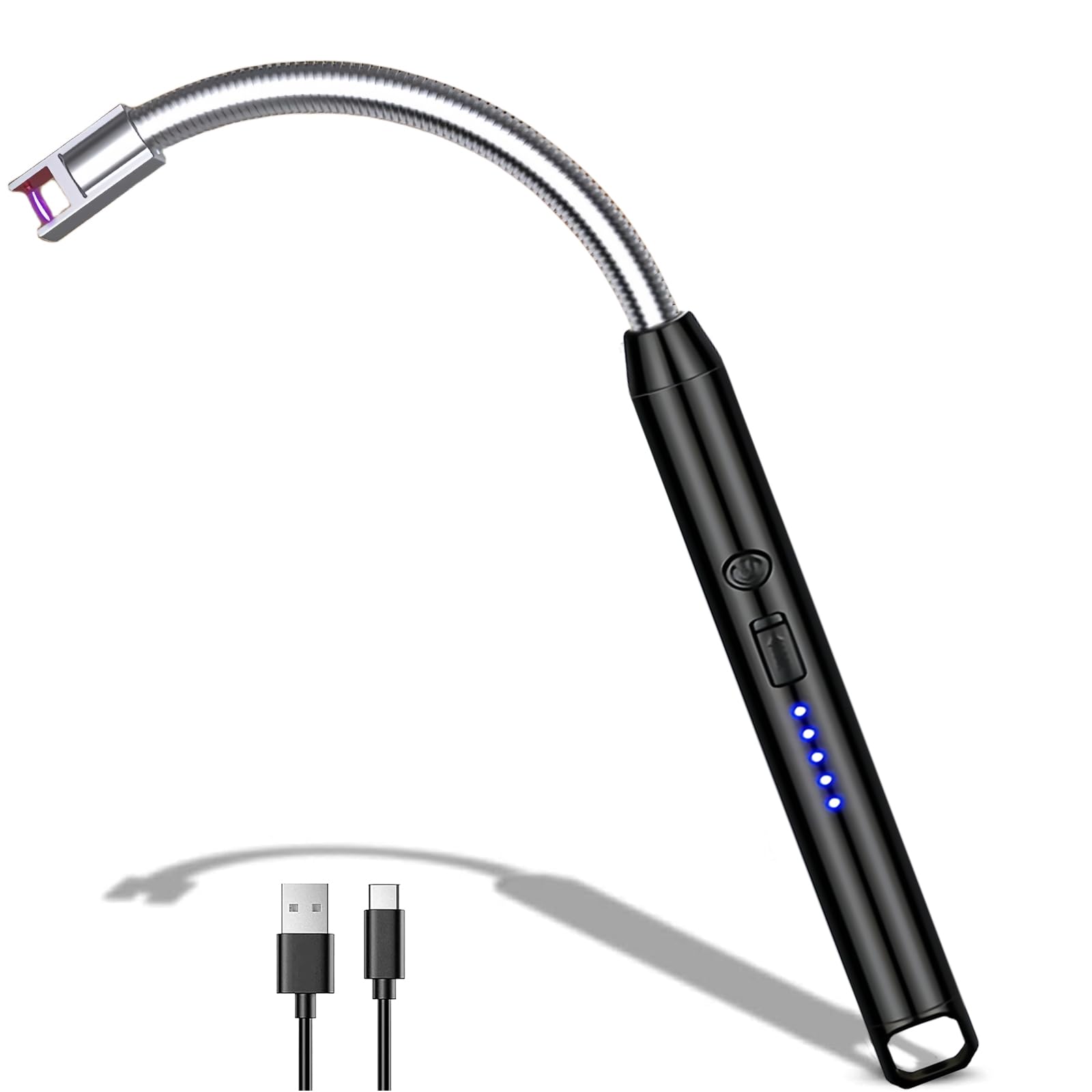 Electric Arc Lighter, Windproof Flameless with 360° Flexible Neck & LED Power Display - USB Rechargeable for Candles, Gas Stoves, Camping, Barbecue, Fireplace (Black)