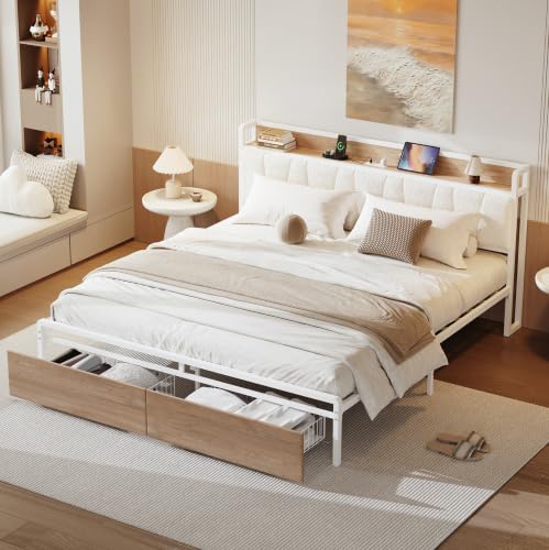 Image of LIKIMIO California King Size Bed Frame with 2 Drawers and Charging Station