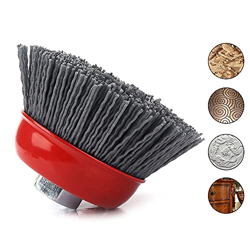 Image of SI FANG 3 inch Filament Nylon Bristle Abrasive Cup Brushes, 5 /8 inch-11 Nylon Wire Brush Wheel for Surface Prepping, Removal Rust Corrosion Paint, Furniture Polishing & Wood Carving Deburring (120 Grit)