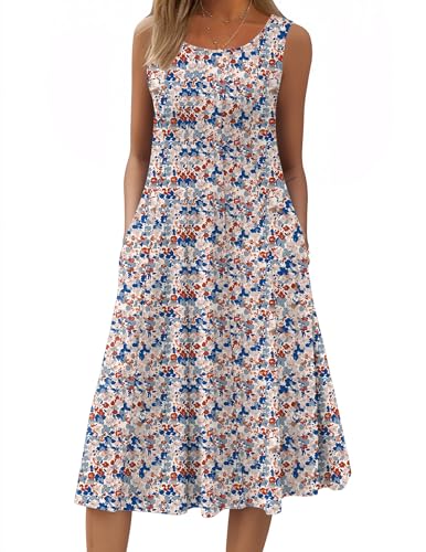 Image of HOTOUCH Summer Casual Dresses for Women Sleeveless Midi Dress Swing Tank Sundress Pleated Tshirt Dress with Pockets