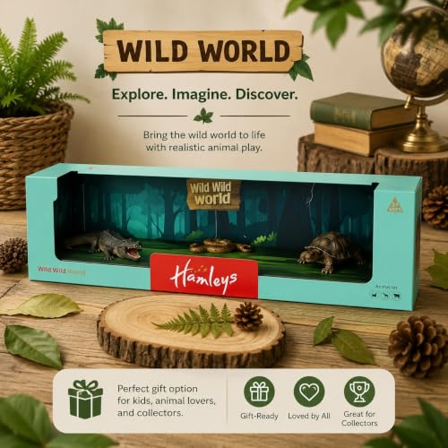 Image of Hamleys Wild Wild World Animal Figurines Pack of 5 | Lion, Elephant, Giraffe, Deer & Panda | Realistic Safari Wild Animal Toy Figures for Kids 3Y+