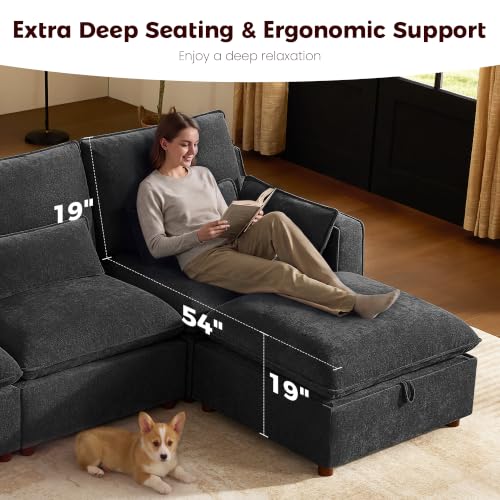 Image of WorthFurni Modern Modular Sectional Sofa,103 inch U Shape Minimalist Couch with Storage Ottoman,Comfty 4 Seat Sofa for Living Room,Black Chenille