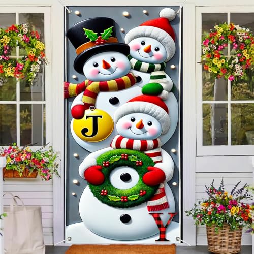 Image of BlissYard Christmas Door Cover 71x35 Inch Snowman Family Door Banner Joy Winter Porch Sign for Front Door Stacked Snowmen Top Hat Santa Hat Green Scarf Holly Bells Entry Decor Outdoor Hanging Cover