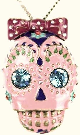 Pink Enamel & Blue Crystal Sugar Skull Day of the Dead Necklace with Gift Box