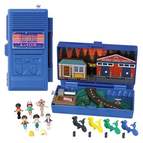 Polly Pocket Estuche Stranger Things con forma de walkie talkie con 6 mini muñecos y 10 accesorios, juguete para coleccionistas inspirado en la serie, +4 años (HWP22)