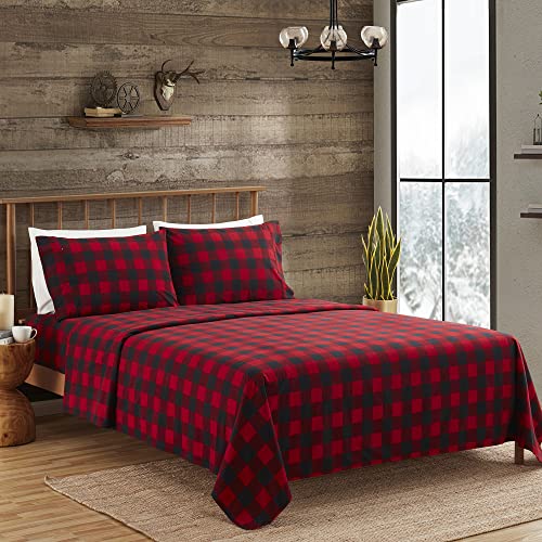 Flannel Sheets Warm and Cozy Deep Pocket Breathable All Season Bedding Set with Fitted, Flat and Pillowcases, King, Buffalo Check Plaid Burgundy