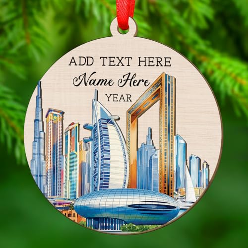 Dubai Skyline 3D Wooden Ornament with Custom Text