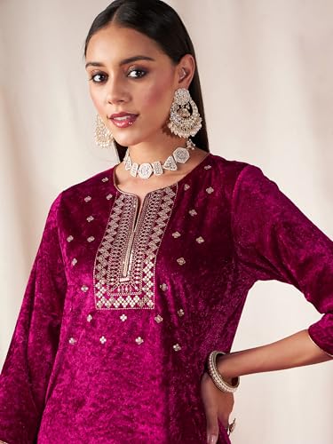 Image of Women's Velvet Floral Embroidered Straight Kurta | Round Neck Three-Quarter Sleeve Calf Length Kurti with Thread Work