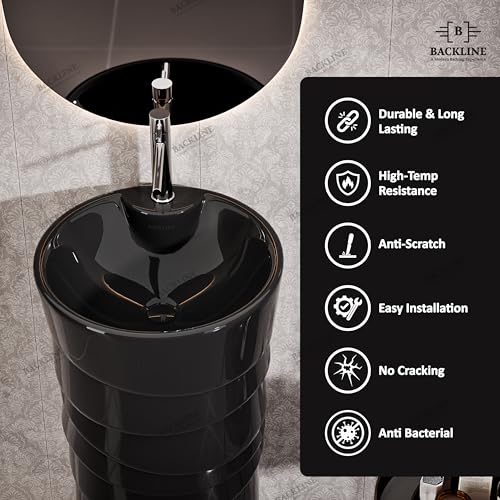 Image of Backline Ceramic Pedestal Wash Basin for Bathroom | Free Standing Pedestal Basin for Bathroom /Office /Living Room /Restaurant | Black Glossy Finish (38.5 X 38.5 X 86 Cm)(7 Years Glaze Warranty)