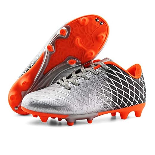 JABASIC Kids Outdoor Soccer Cleats Athletic Firm Ground Football Shoes (2,Silver)