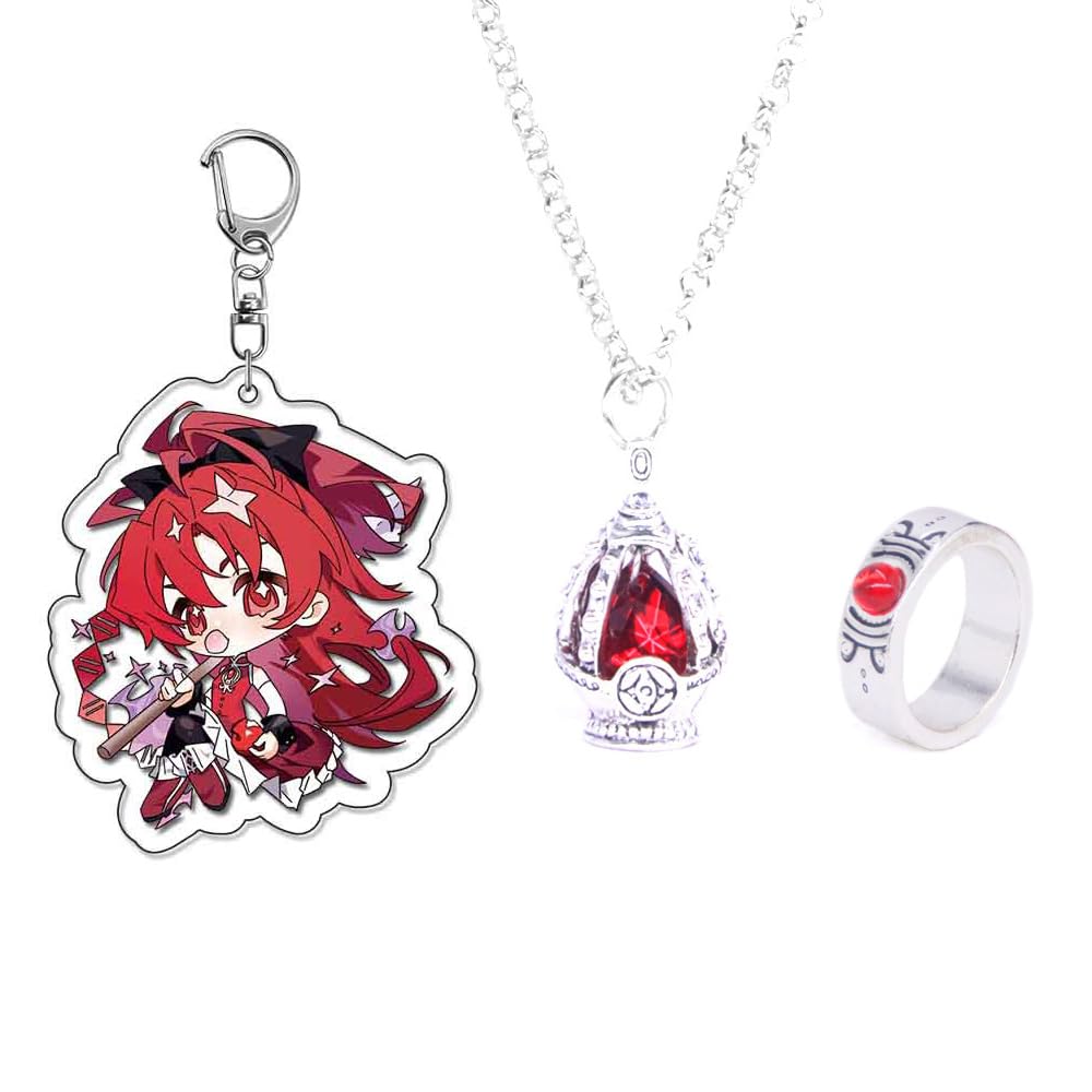 MayDee Madokas Soul Gem Ring, Necklace, Keychain 3pcs Set - Anime Magicas Figure Pendant - Magica Cosplay Accessories (Red)