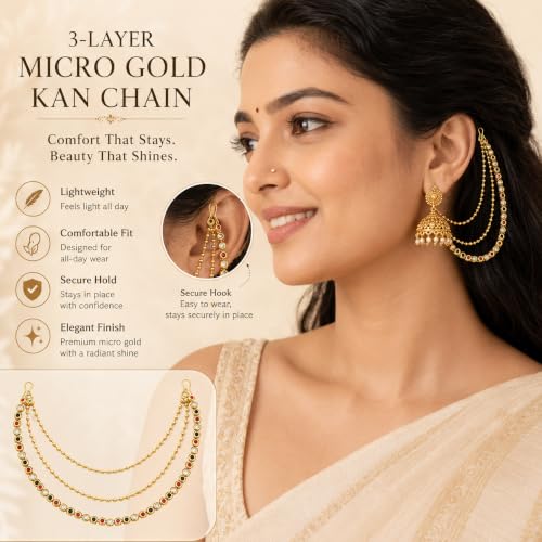 Image of Traditional 3-Layer Ear Chains (Mattal) with Sparkling Round Multi Colors Stones | Champaswaralu Kaan Chain for Heavy Jhumka Support | Artificial Indian Bridal Hair Accessories