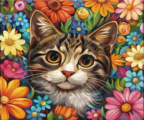 Peinture par numéros fleurs et chat 105x80 cm toile acrylique grand format pour adulte débutant