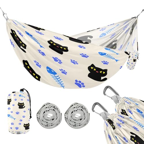 ATTX Cute Black Cats Camping Hammock - Lightweight & Portable Hammocks, Heavy Duty 330lbs Capacity for Indoor, Hiking, Backpacking, Travel, Backyard, Beach#188