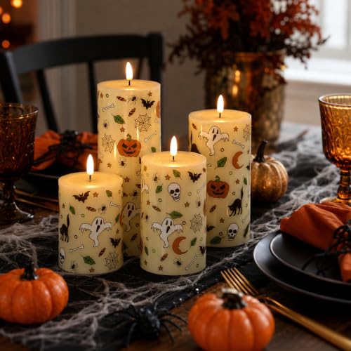 Image of Lezonic Ivory Flameless Candles with Remote, LED Battery Operated Flickering with Timer, 4 Pack Glossy Wax Drips Design Real Wax Pillar for Halloween Decor, Centerpiece, Birthday Gifts (4 /5 /6 /8 Inch)