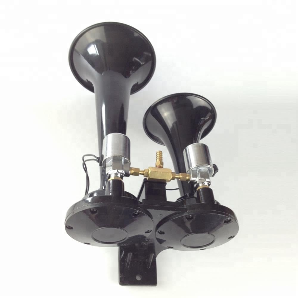 Klaxon à Air Double Trompe Noir 12V 24V 170dB Supert Fort Pneumatique Pour Camion Train TGV Bateau Tracteur