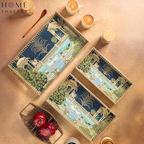 Image of Swan Wooden Serving Tray with Gold Engraving | Set of 3 | Size : 16 x 10 inch, 14 x 8 inch & 12 x 6 inch | Enamel Coated Waterproof | Rectangular | Swan Set of 3