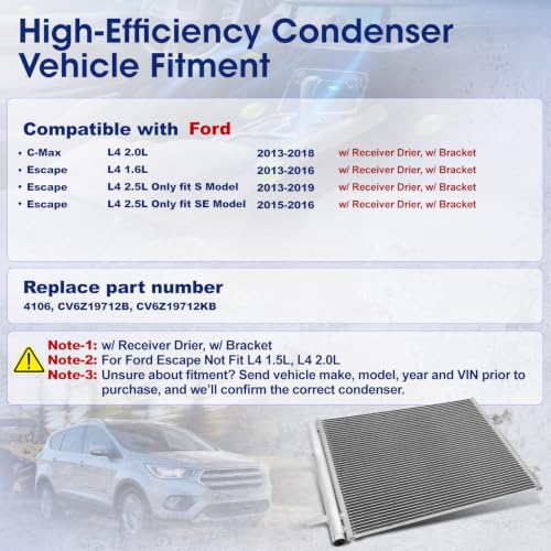 Image of Air Conditioning A /C Condenser Compatible with Ford C-Max Escape # 4106, CV6Z19712B, CV6Z19712KB