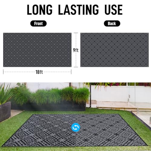 Outdoor Camping Rug Waterproof 9x18FT, Large Reversible Stain&UV Resistant Plastic Straw RV Rug for Outside Patio Pool Deck Beach Indoor, Area Carpet Mat with Portable Bag&4 Stakes-Black Grey Rhombus