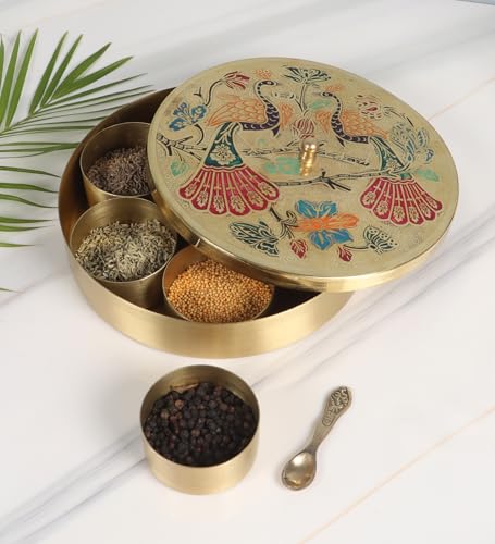 Image of Two Moustaches 8 Inches Twin Peacock Carved Brass Spices Box Set, Brass Masala Box for Kitchen, Housewarming Gifts, 7 Containers & 1 Spoon, Multicolored, Pack of 1