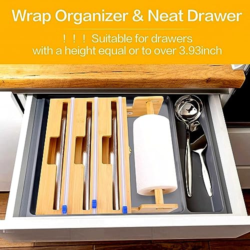Dispenser per pellicola trasparente e taglierina 4 in 1, per cassetto da parete della cucina, porta rotolo di bambù, compatibile con rotoli da 30,5 cm, con taglierina, foglio di alluminio e dispenser