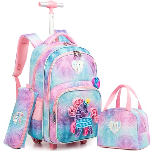 Mochila Rolante para Crianças com Rodas para Meninas para a Escola (01 Purple Unicorn)