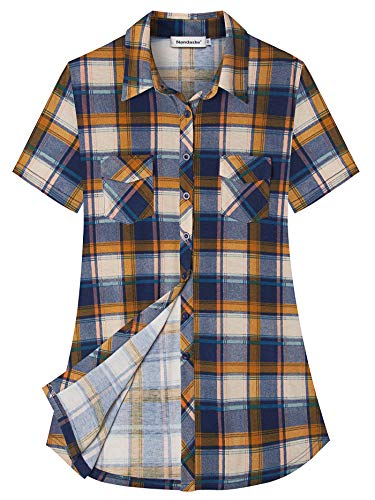 Plaid Tunic Tops For Leggings For Women,Nandashe Ladies Shirts Short Sleeve Zip Up Embellished Sexy Deep V Neck Swallowtail Blouse Everyday Going Out Party Boyfriend Pullover Shirt Navy Yellow Us 8-10 #TOP1