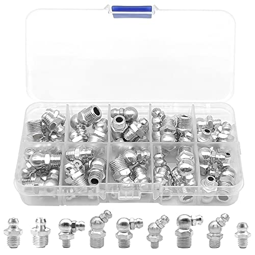 GYSRXS 45 Piezas Surtido de Engrasadores para Prensas de Engrase Kits de Surtido de Accesorios de Engrasador de Hierro galvanizado M6 M8 M10 Recto y en ángulo de 45°90°180°