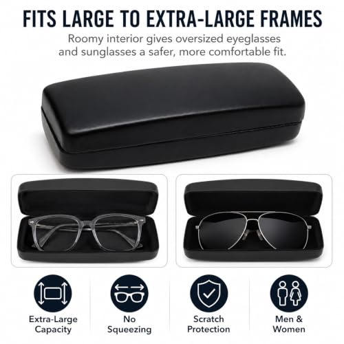 Image of Calabria S412 Extra Large Hard Shell Eyeglass Case - Black Snap Closure Glasses Case with Soft Felt Interior