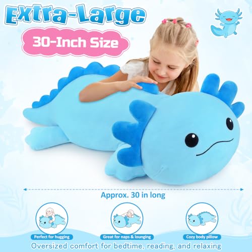 Image of 30'' Giant Blue Axolotl Plush Stuffed Animal- Blue Axolotl Plush Pillow Plushies, Large Body Pillow Plush Toy, Cute Hugging Axolotl Stuffed Animal, Birthday Gifts for Kids Girls Boys