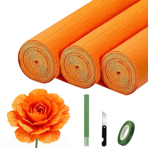 Crepe Paper Roll (9.8Inch x 8.2Ft/3Rolls) Heavy Papel Crepe Set Multi-Color Crepe Paper for Birthday Wedding Party Decoration DIY Craft (Orange)