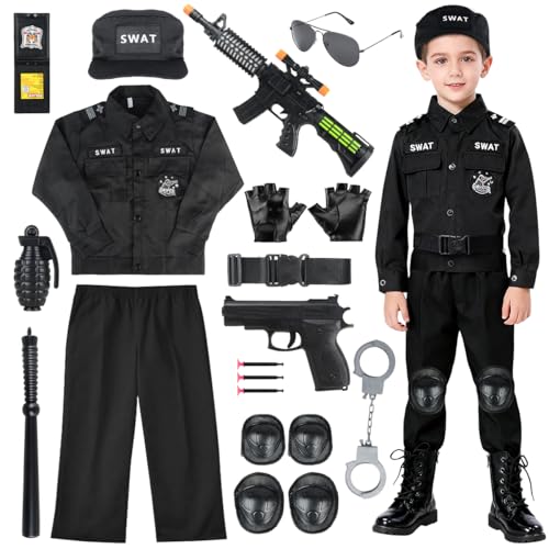 Fantspati Costume SWAT Enfant 14 Pièces - Déguisement Agent de Police avec Pistolet Électronique Son et Lumière, Badge et Accessoires - Jeu de Rôle pour...