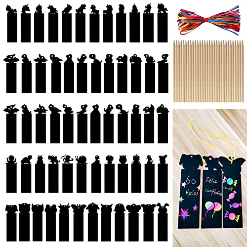60 Hojas Papel Scratch Art Negro y 60 Piezas Cuerdas de Colores y 30 Piezas Lápices de Madera, Conjunto Arte Rascar para Niños, Diseño de Marcadores con Animales,Arcoíris, Dinosaurios
