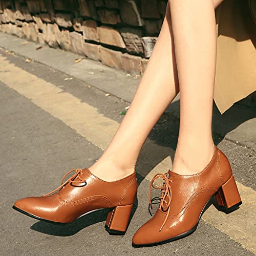 Trendenzy Women's Lace Up Oxford Heels Vintage Shoes Pointed Toe Chunky Block Heel Pumps3