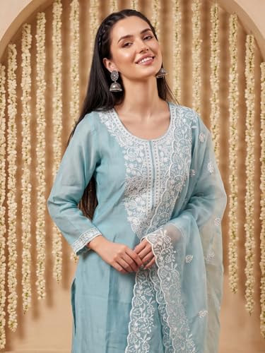 Image of INDO ERA Women's Straight Cotton Kurta Palazzo with Dupatta Set | Cotton kurta sets for women